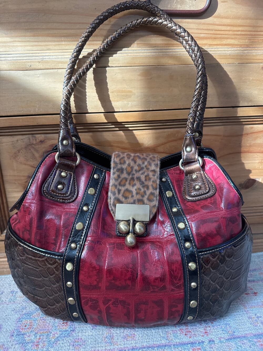 Madi Claire MC Red Croc Embossed Satchel Hobo Leopard Print Flap Antique Gold